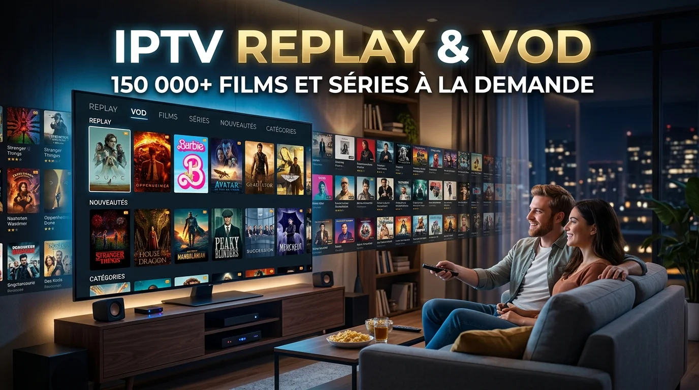 IPTV replay et VOD — bibliothèque de films et séries à la demande en 4K avec un abonnement IPTV